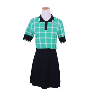 Προσαρμοσμένη σχεδίαση κοντό μανίκι Polo κολάρο Contrast Χρώματα Plaids Office Κυρίες Knit Φόρεμα πουλόβερ